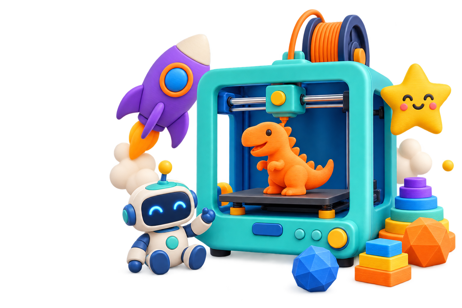 A tiny 3D printer making a colorful dinosaur, rocket, star and robot